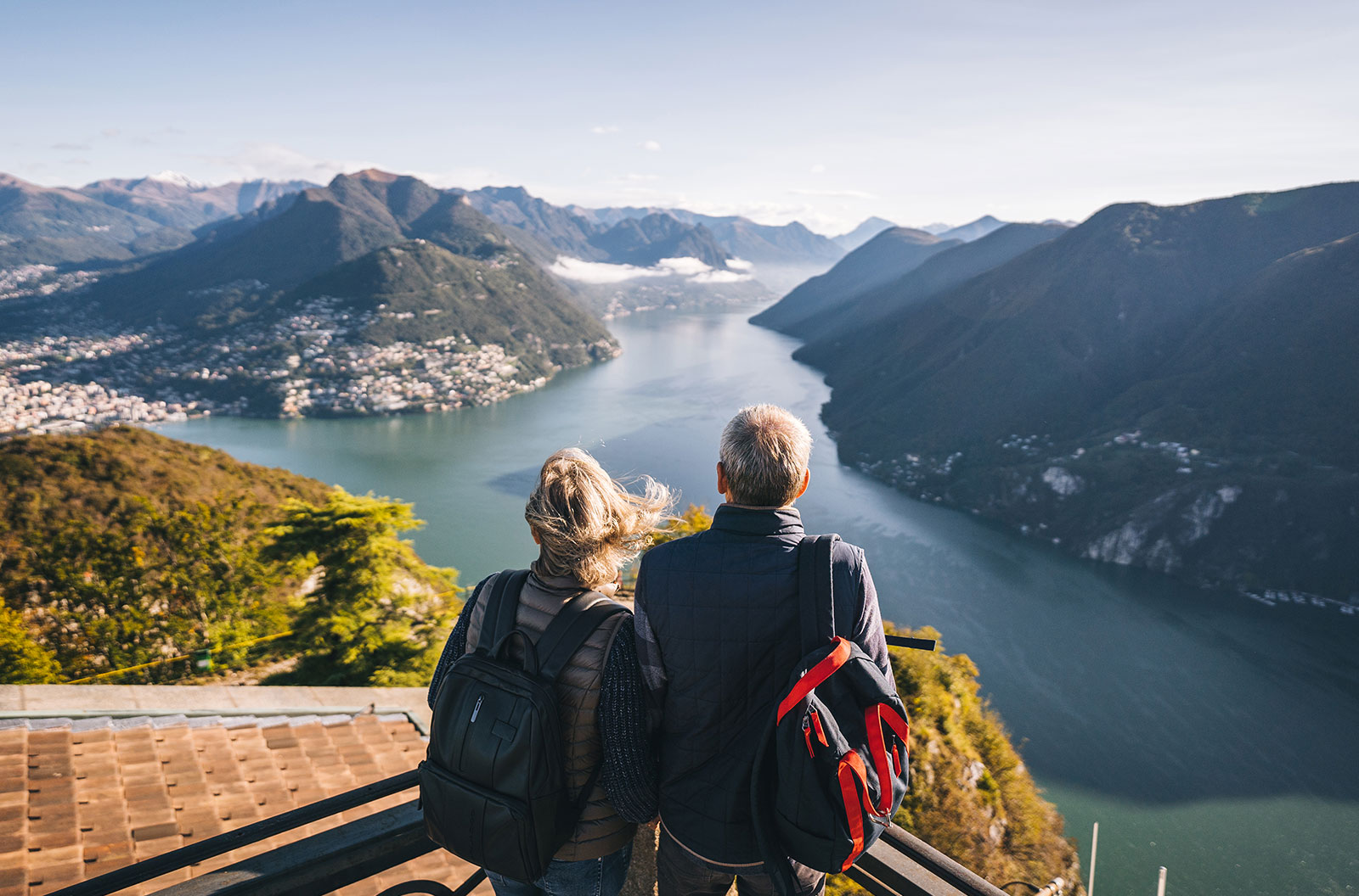 Mature couple hike above Lake Lugano