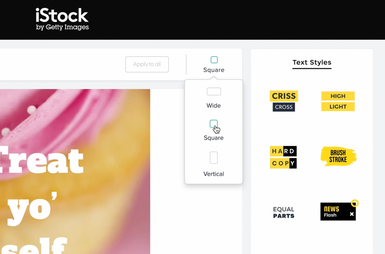 The iStock Video Editor is shown, with Text styles being highlighted.