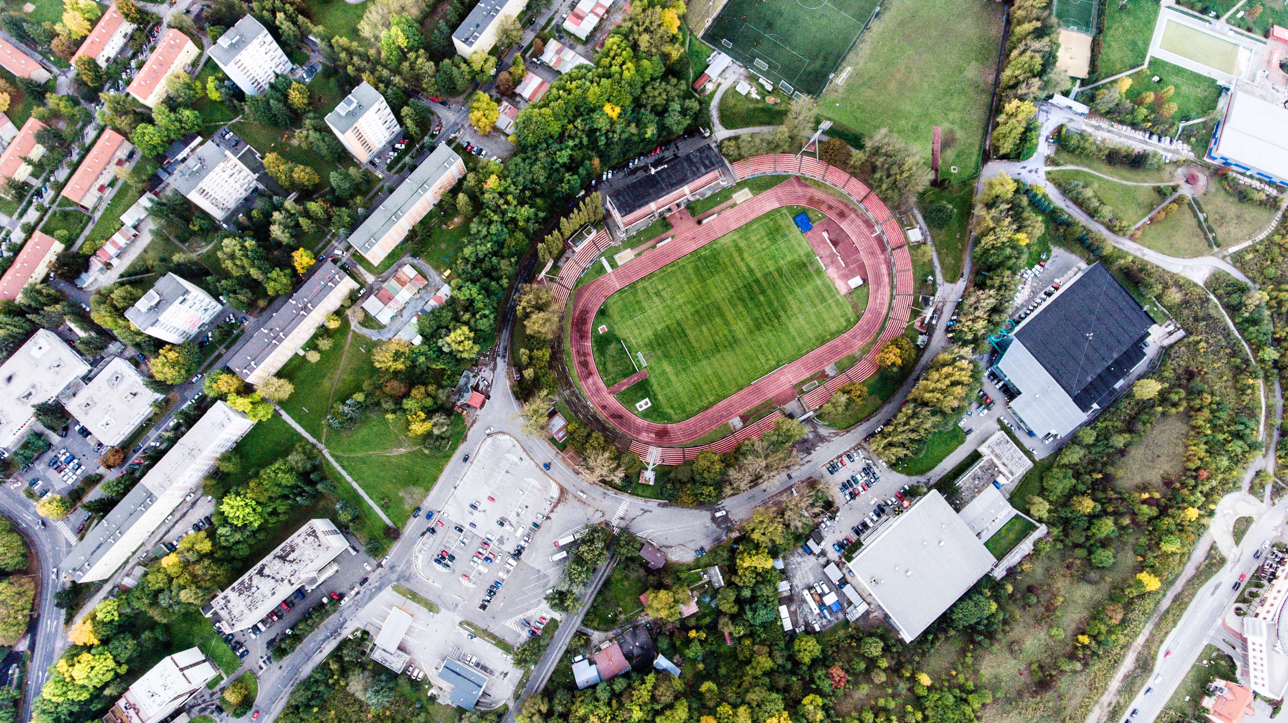 Aerial view of football stadium in town, Banska Bystrica, Slovak