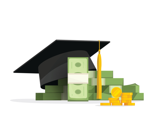 Graduation cap on pile of money, education costs concept
