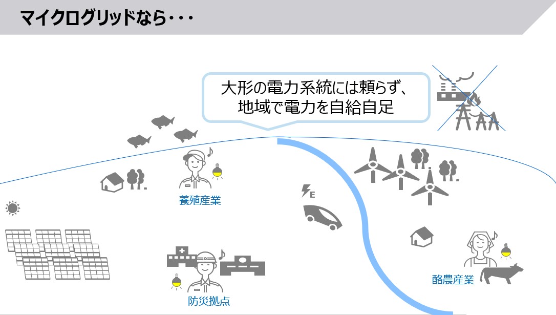 マイクログリッドは大型の電力系統に頼らず、電力の供給・消費が地域内で完結する。（２）
