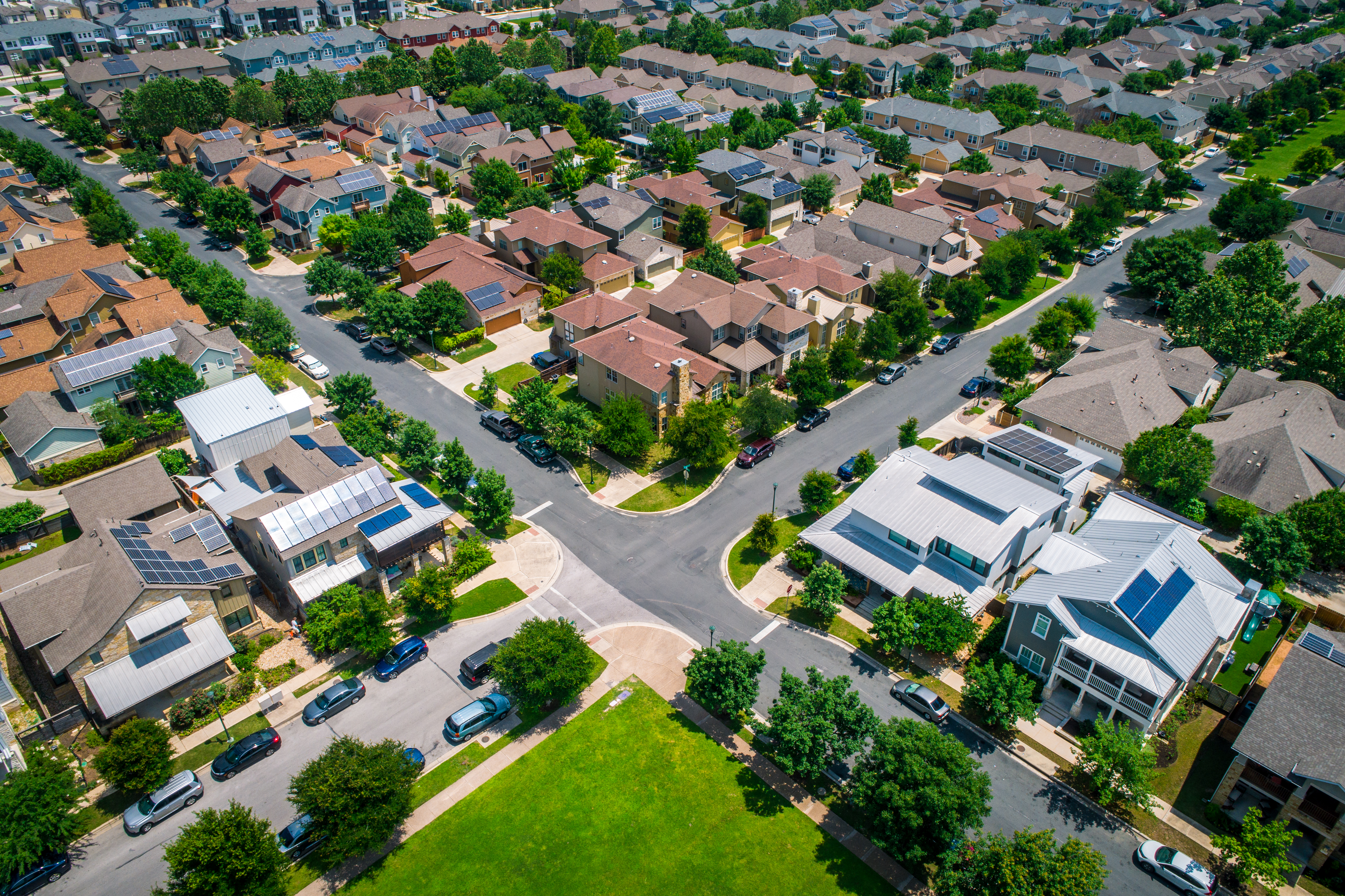 Intersection with Neighborhoods and Solar Panel Rooftops