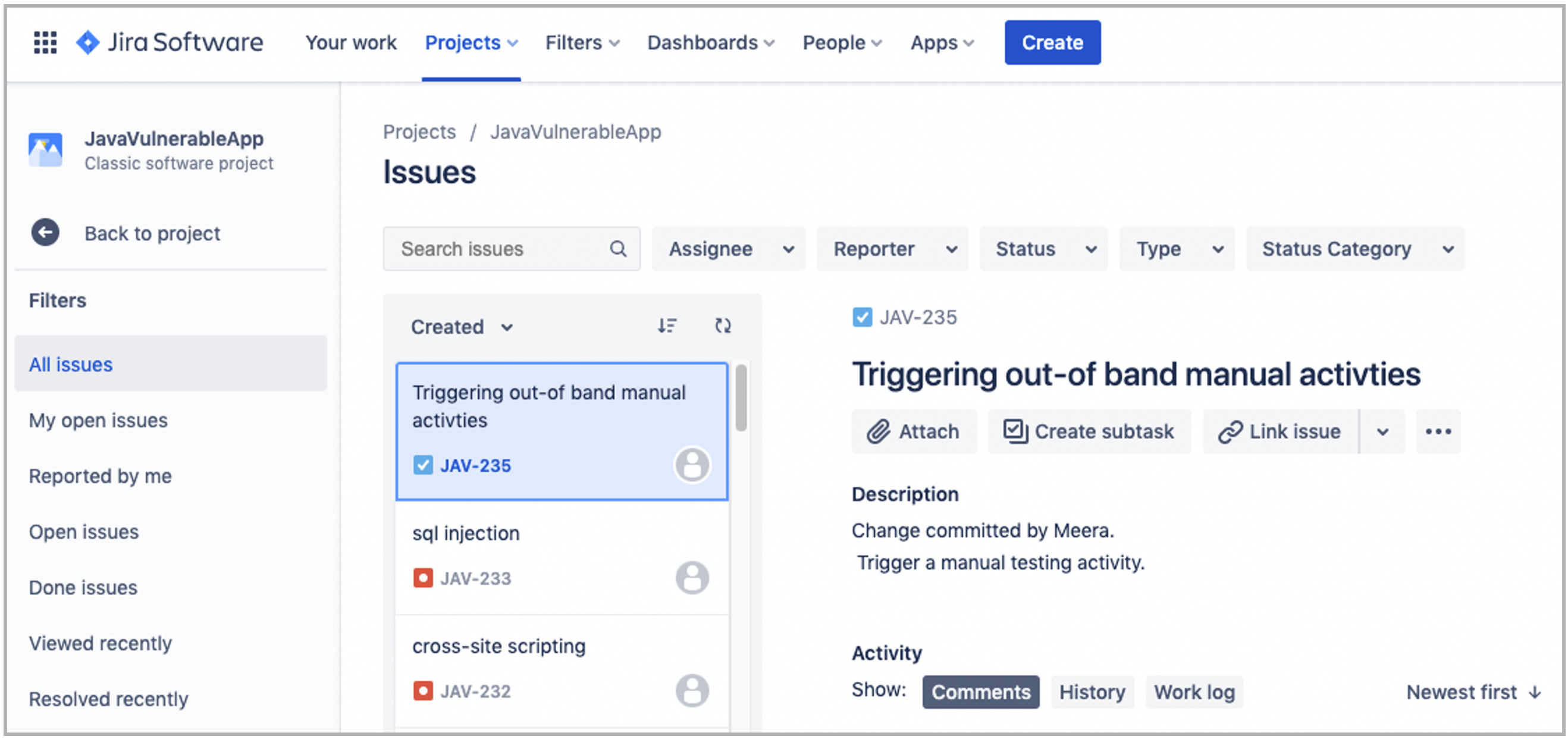 Jira used to add tickets for security issues and manual activities | Synopsys