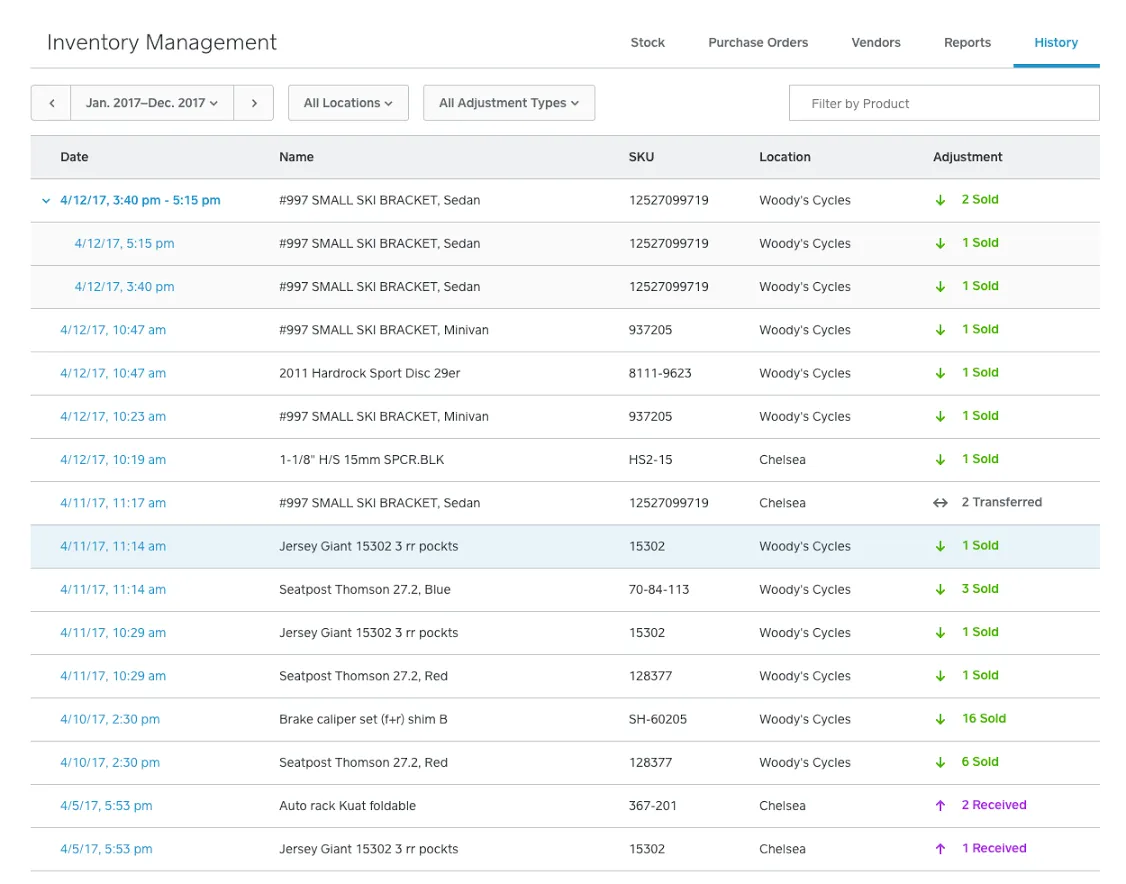screenshot of inventory management