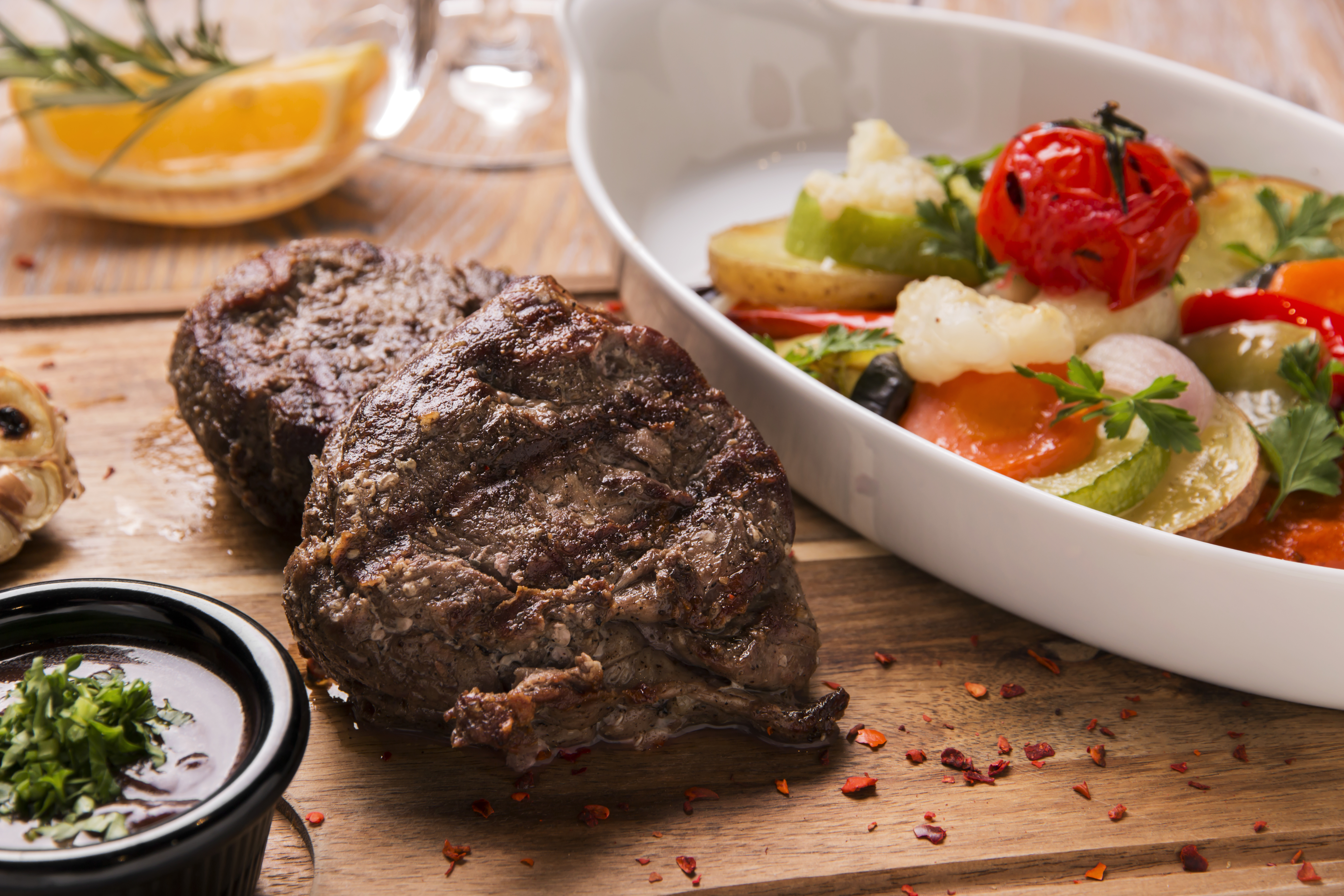 Beef tenderloin steak with roasted vegetables ratatouille