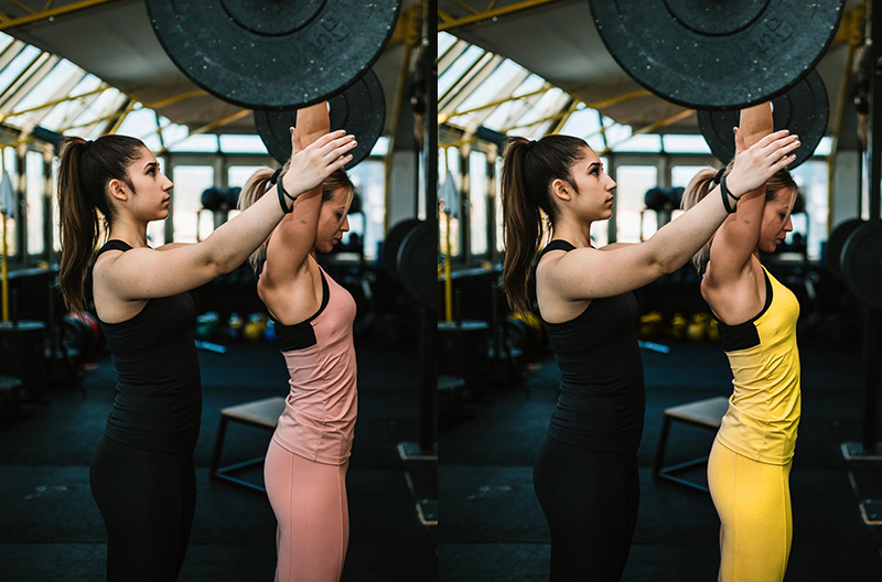Photograph of young women lifting weights at a gym to illustrate changing colors in an image