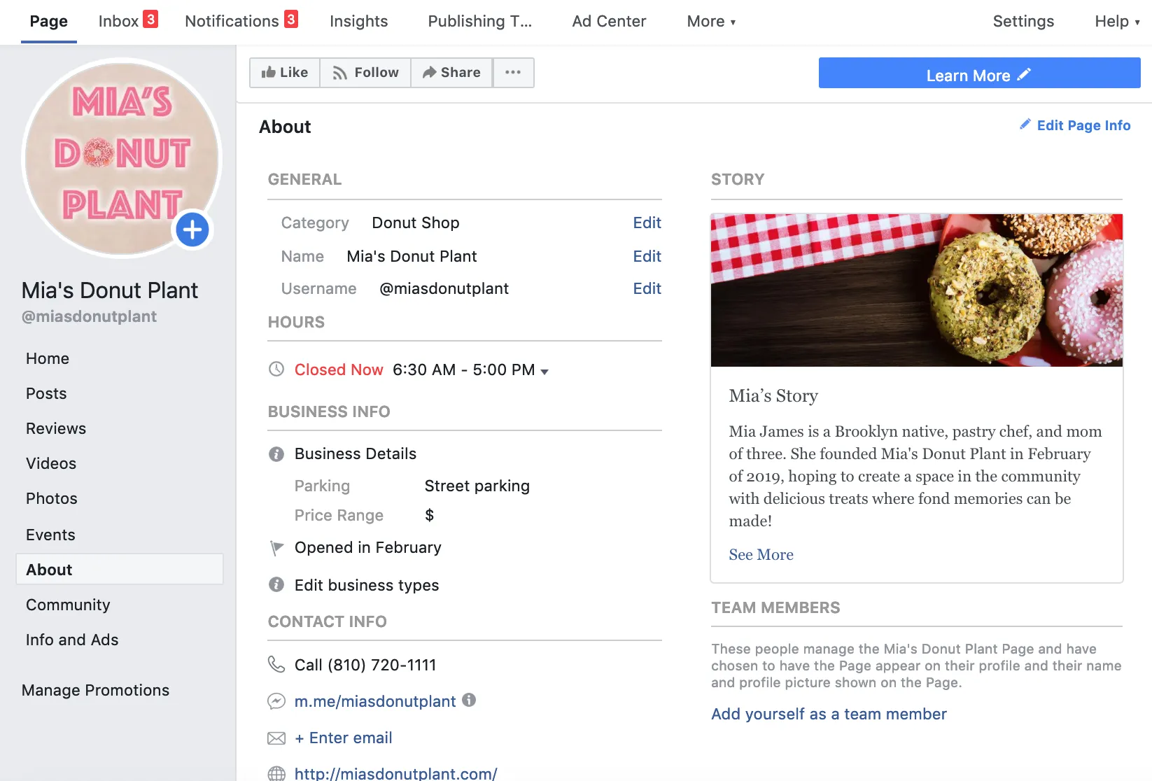 facebook for business example page