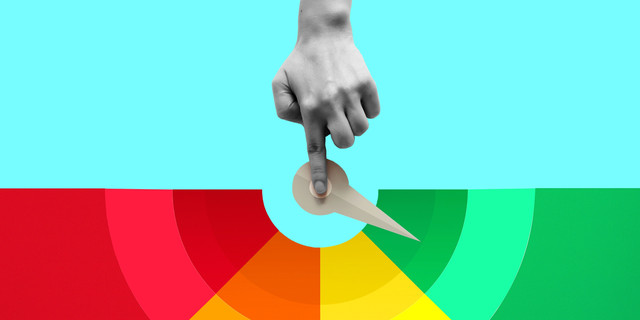 Photo illustration of a hand pointing to a dial that is pointing to the green section of a credit score report (left to right, the report is red, orange, yellow, green).