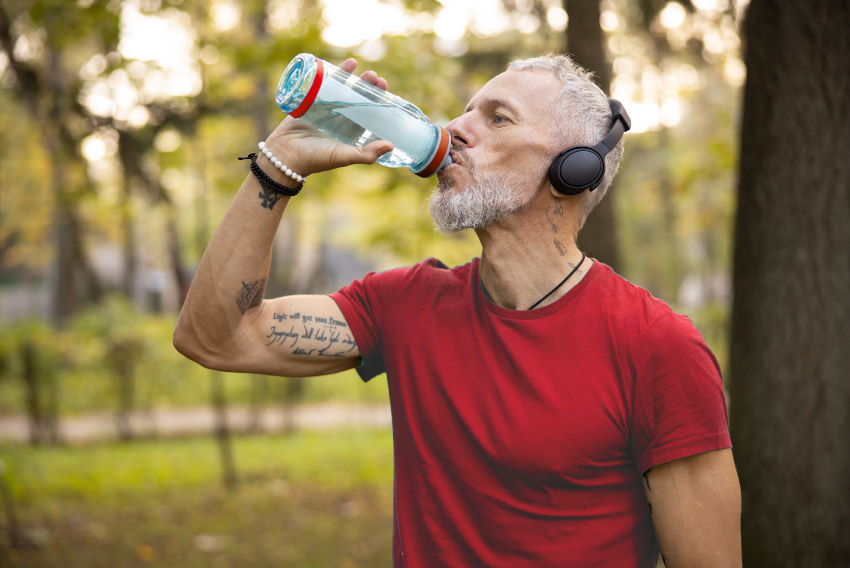 Tekač v parku posluša glasbo in pije vodo - simbolna slika za pomen pitja vode med tekom.